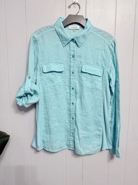 #17)  Linen Calvin Klein Light Aqua Button Down Shirt with Stretch Side